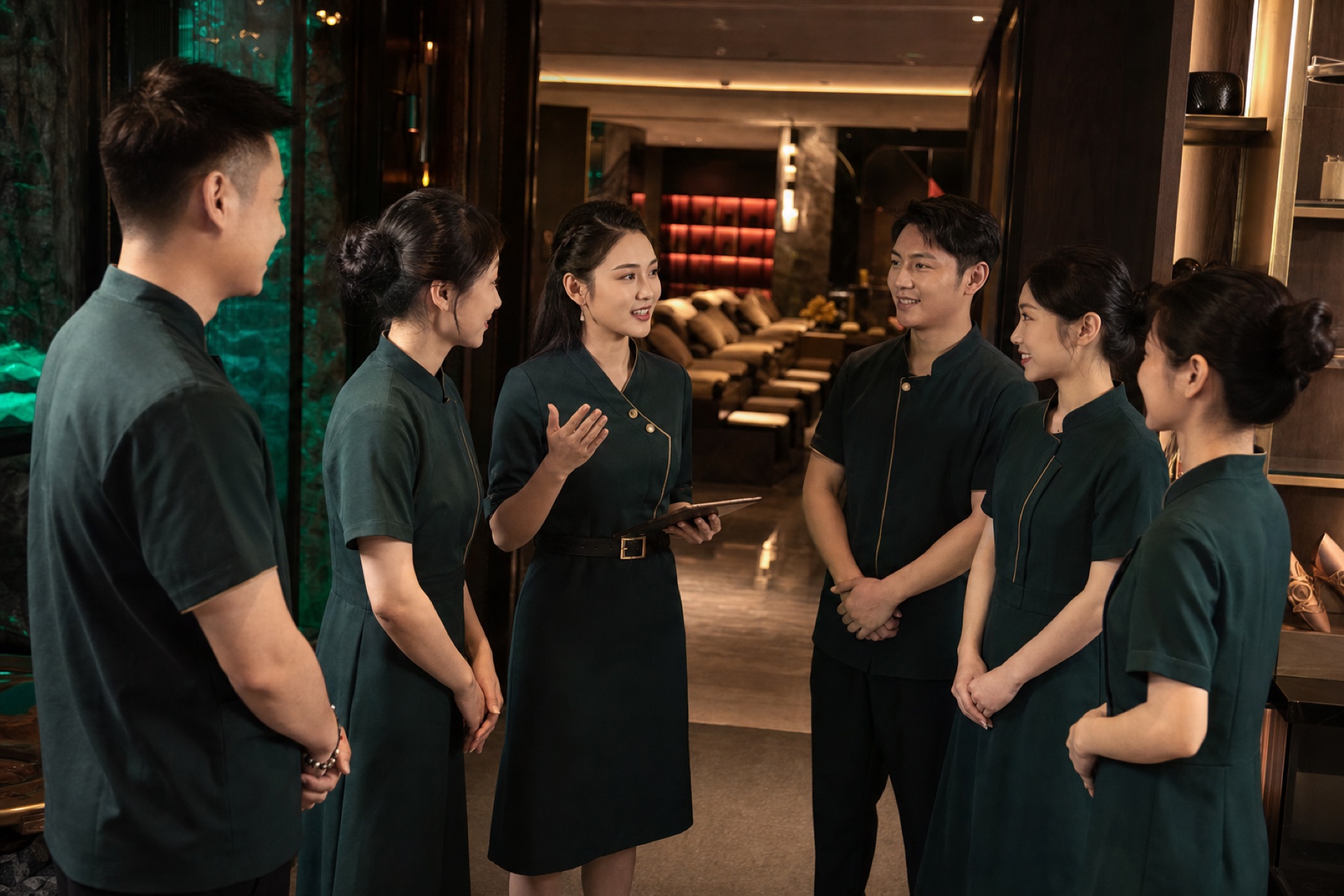 年轻服务团队在现代门店内进行班前沟通